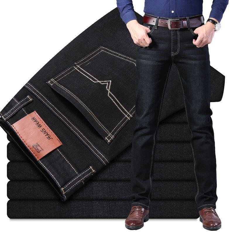 Winter Fleece-Lined Thickened Jeans Men'S High Waist Straight Loose Casual Elastic Outer Wearing Warm Pants - Image 1